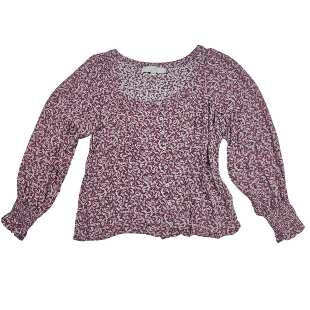 LOFT Size Small Floral Print Long Sleeve Button‎ Front Blouse Top Burgundy
